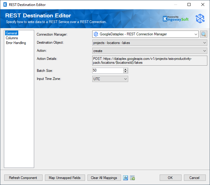 Google Dataplex Rest Destination Component - General